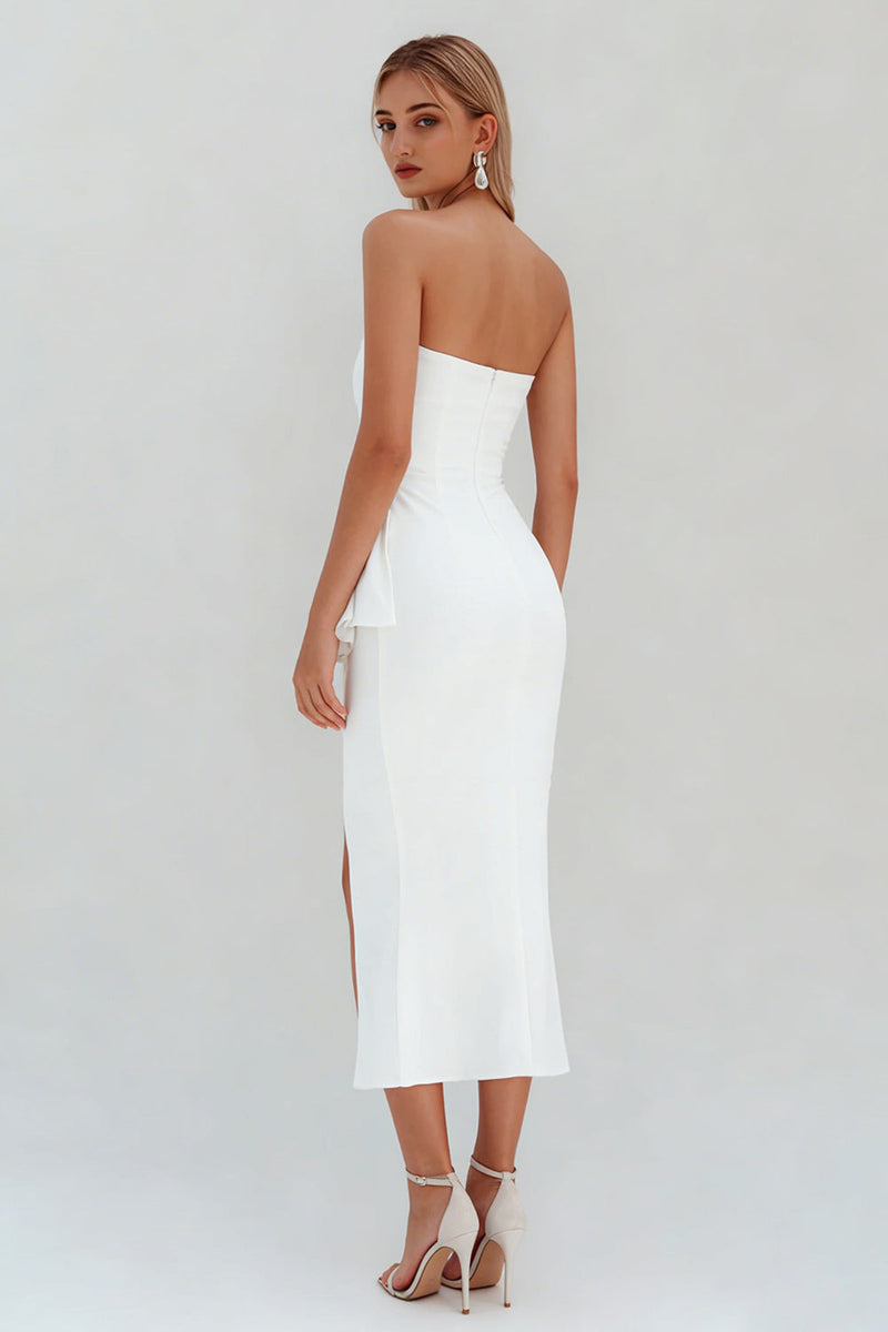 Load image into Gallery viewer, White Satin Ruched Ruffled Midi Engagement Dress with Slit