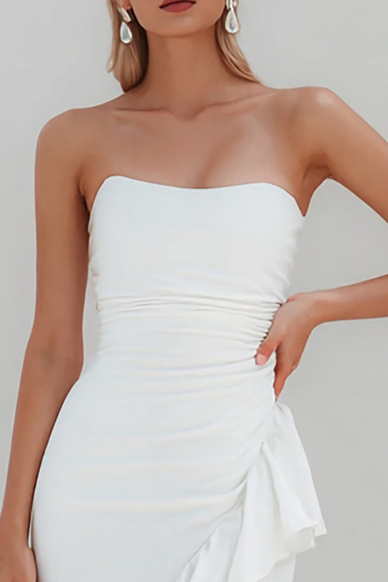 Load image into Gallery viewer, White Satin Ruched Ruffled Midi Engagement Dress with Slit