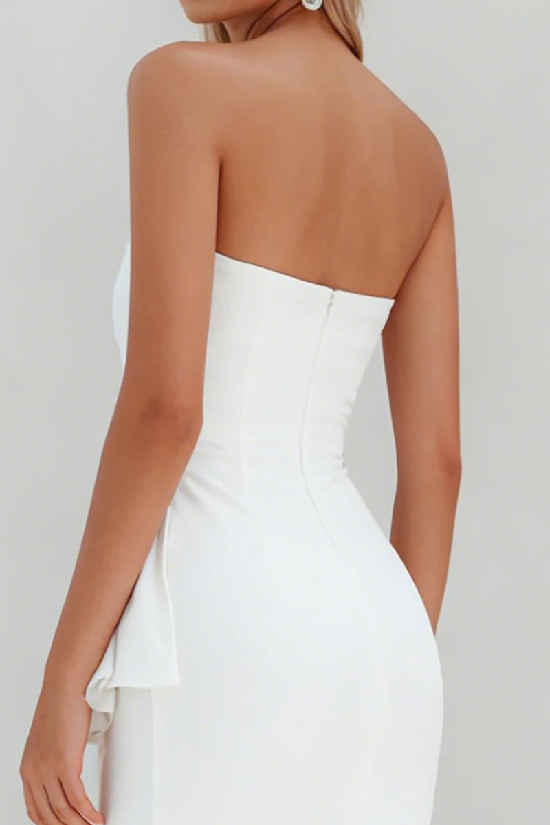 Load image into Gallery viewer, White Satin Ruched Ruffled Midi Engagement Dress with Slit