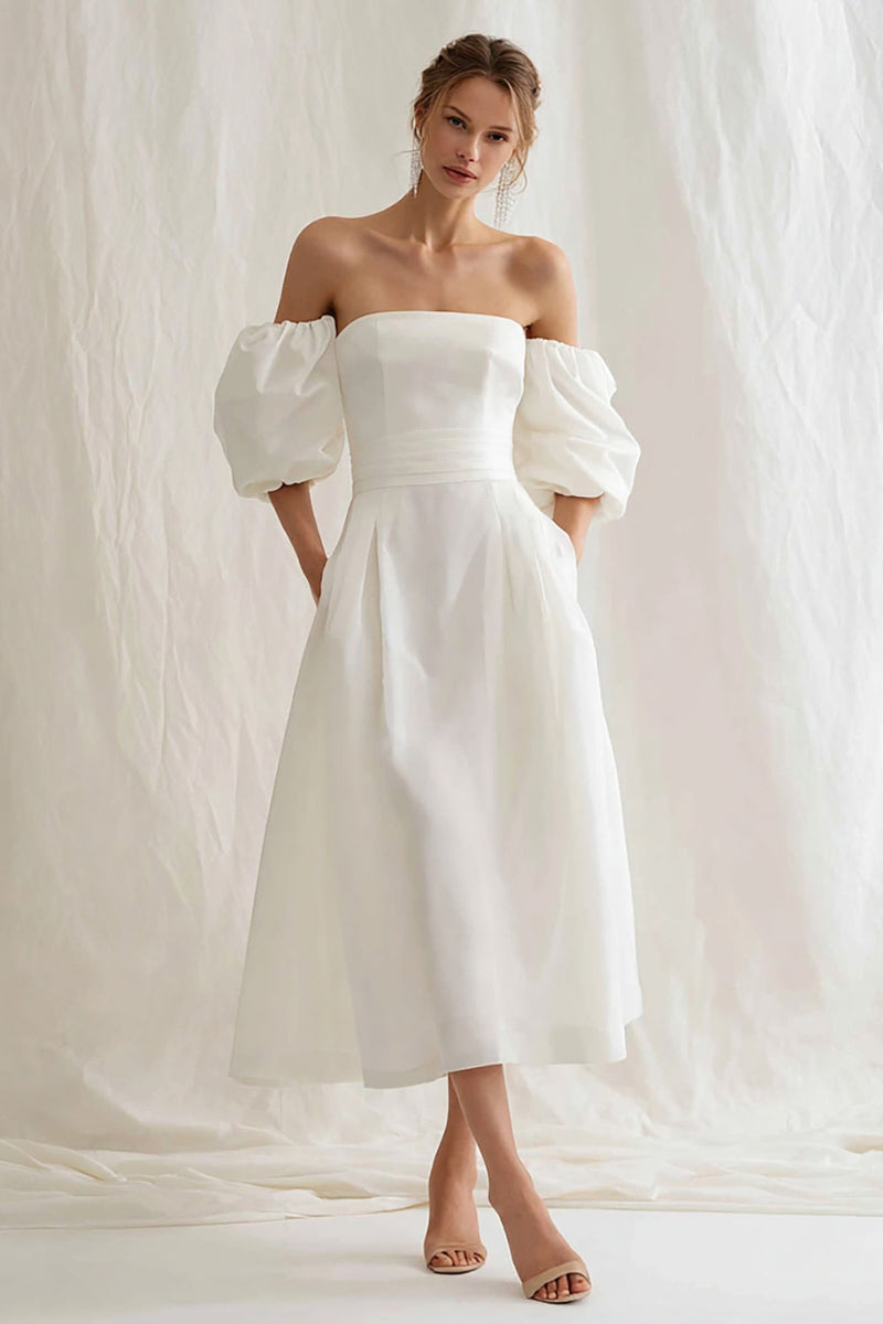 Load image into Gallery viewer, Ivory Puff Sleeves A Line Maxi Engagement Dress