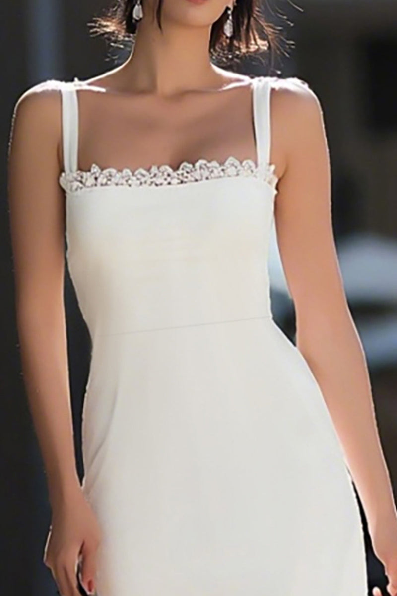 Load image into Gallery viewer, Ivory Satin Square Neck Midi Engagement Dress with Lace