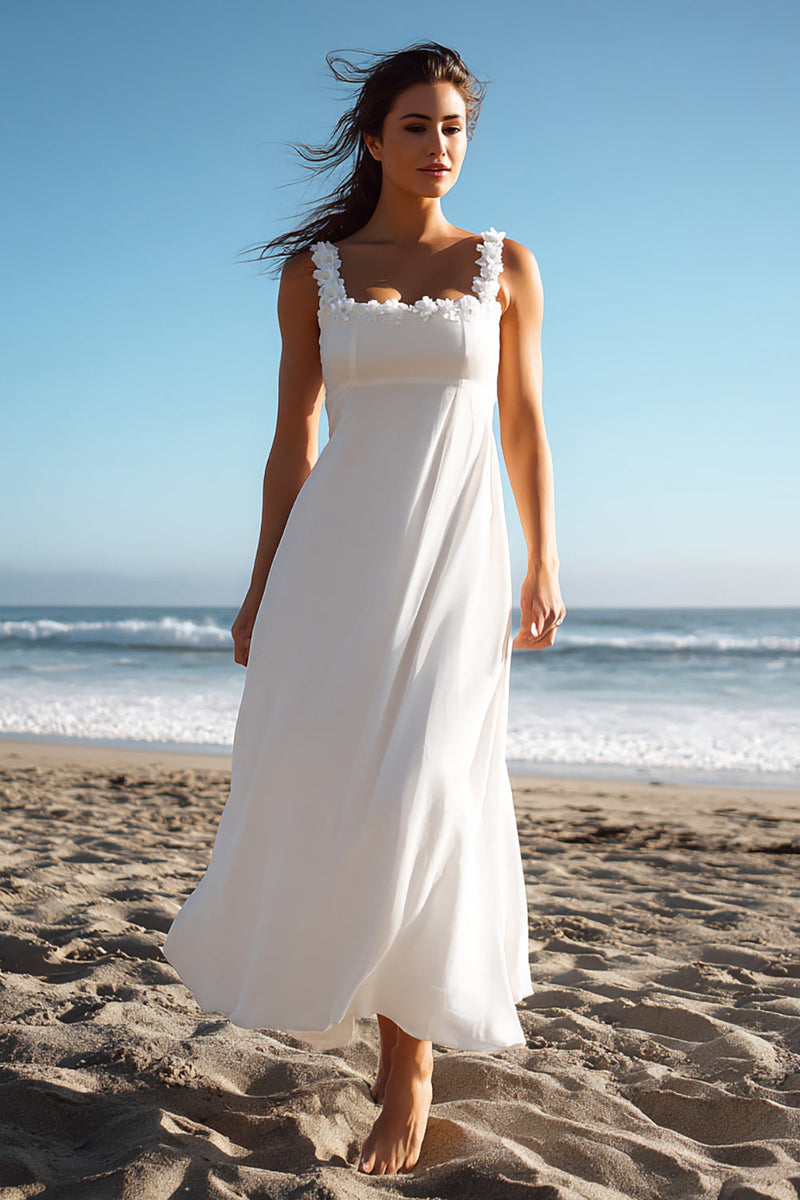 Load image into Gallery viewer, White Chiffon A Line Square Neck Long Wedding Reception Dress