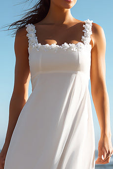 White Chiffon A Line Square Neck Long Wedding Reception Dress