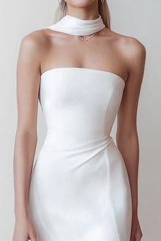 Simple White Strapless Neck Scarf Long Wedding Reception Dress with Slit