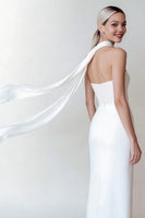 Load image into Gallery viewer, Simple White Strapless Neck Scarf Long Wedding Reception Dress with Slit