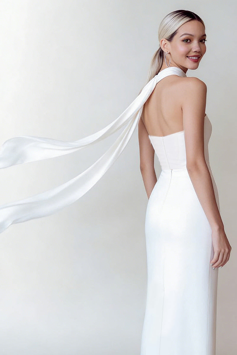 Load image into Gallery viewer, Simple White Strapless Neck Scarf Long Wedding Reception Dress with Slit
