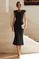 Load image into Gallery viewer, Simple White Crew Neck Ruched Bodycon Midi Rehearsal Dinner Dress