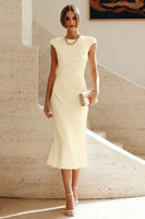 Load image into Gallery viewer, Simple White Crew Neck Ruched Bodycon Midi Rehearsal Dinner Dress