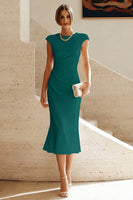 Load image into Gallery viewer, Simple White Crew Neck Ruched Bodycon Midi Rehearsal Dinner Dress