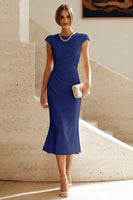 Load image into Gallery viewer, Simple White Crew Neck Ruched Bodycon Midi Rehearsal Dinner Dress