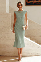 Load image into Gallery viewer, Simple White Crew Neck Ruched Bodycon Midi Rehearsal Dinner Dress