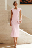 Load image into Gallery viewer, Simple White Crew Neck Ruched Bodycon Midi Rehearsal Dinner Dress