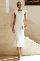 Load image into Gallery viewer, Simple White Crew Neck Ruched Bodycon Midi Rehearsal Dinner Dress