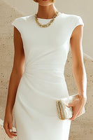 Load image into Gallery viewer, Simple White Crew Neck Ruched Bodycon Midi Rehearsal Dinner Dress