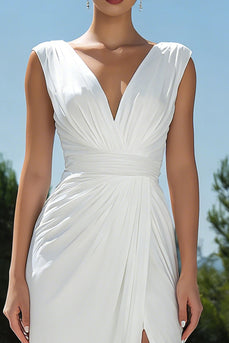 Simple White Ruched V-Neck Midi Engagement Dress With Slit