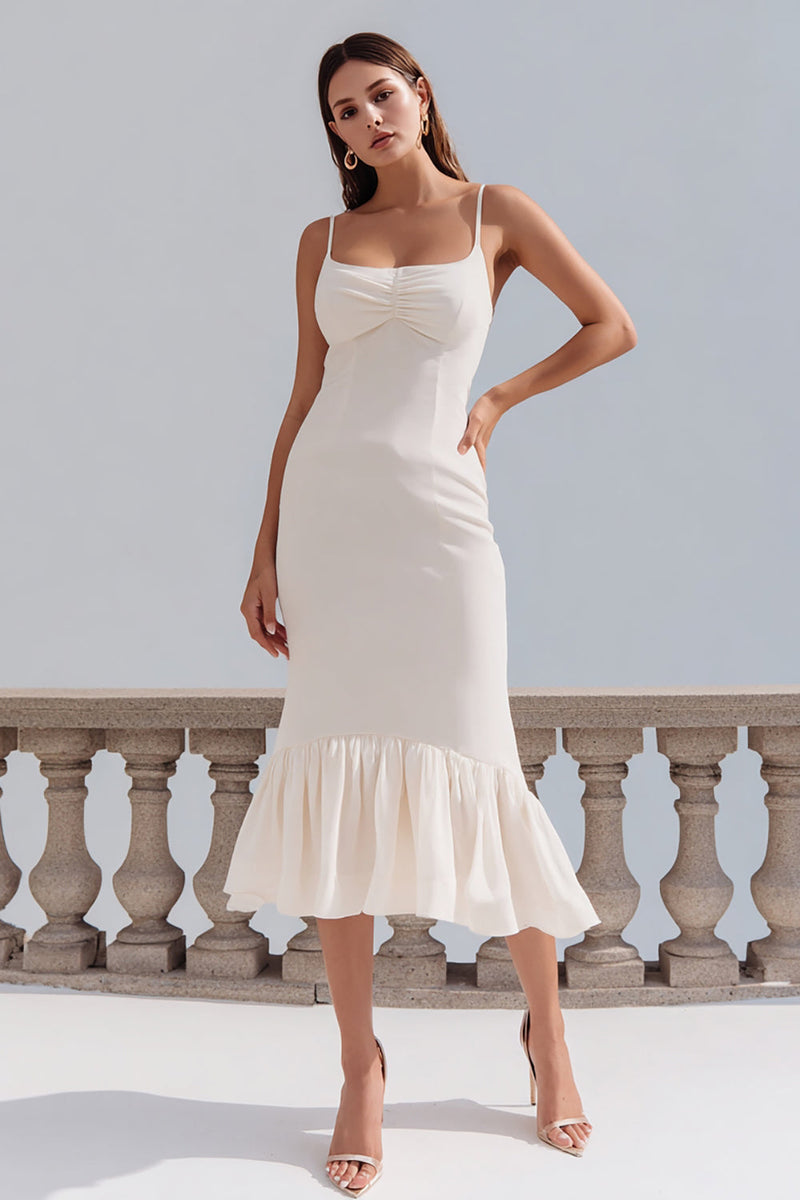 Load image into Gallery viewer, Ivory Ruffled Spaghetti Straps Midi Engagement Dress