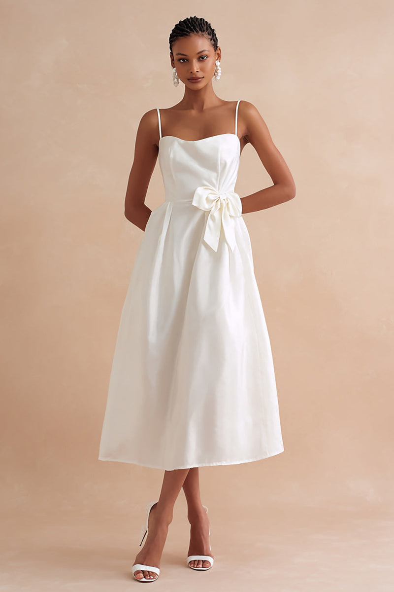 Load image into Gallery viewer, White A Line Spaghetti Straps Midi Engagement Dress with Bow