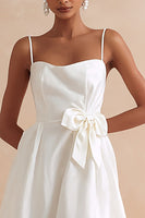 Load image into Gallery viewer, White A Line Spaghetti Straps Midi Engagement Dress with Bow