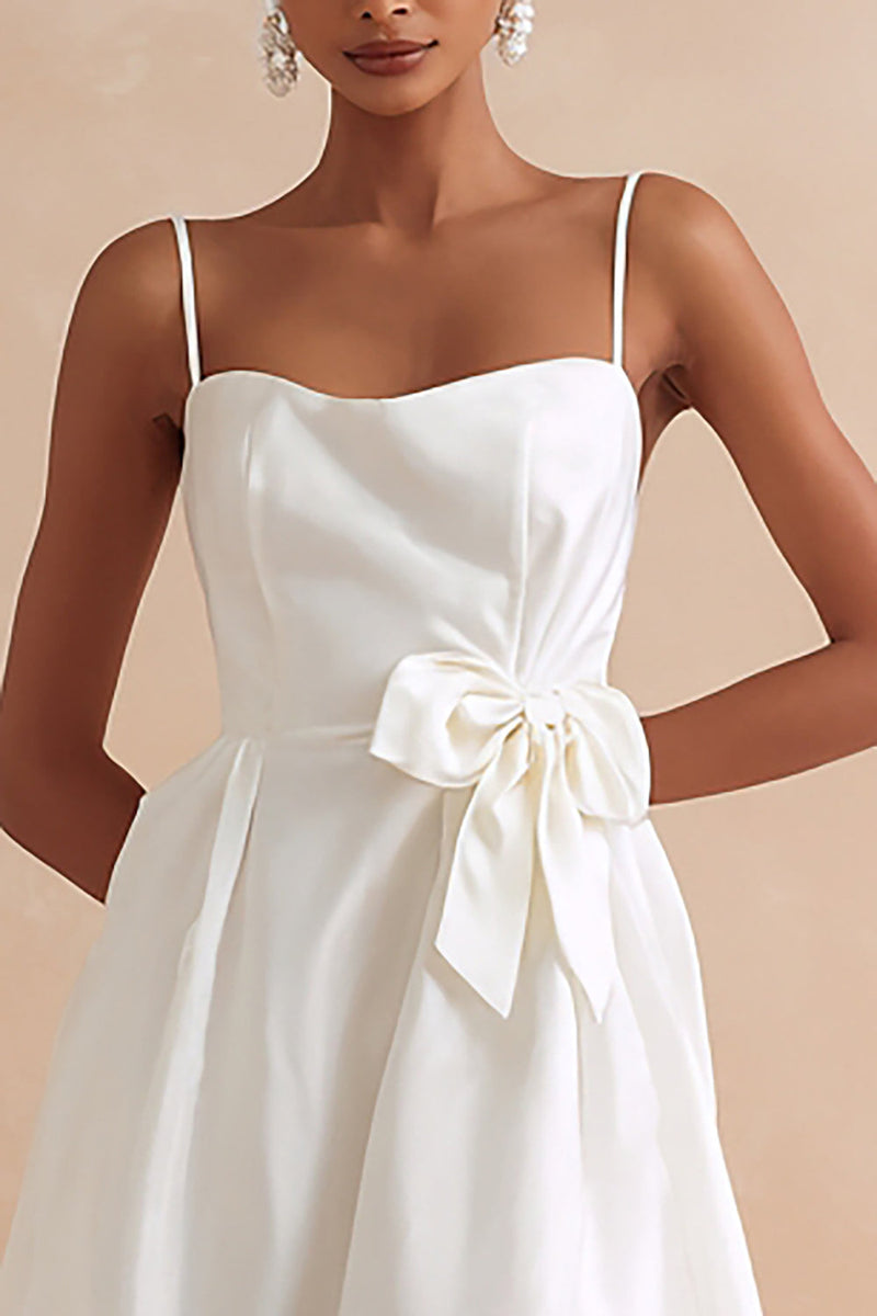 Load image into Gallery viewer, White A Line Spaghetti Straps Midi Engagement Dress with Bow