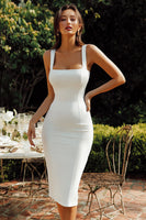 Load image into Gallery viewer, White Bodycon Square Neck Midi Bridal Shower Dress