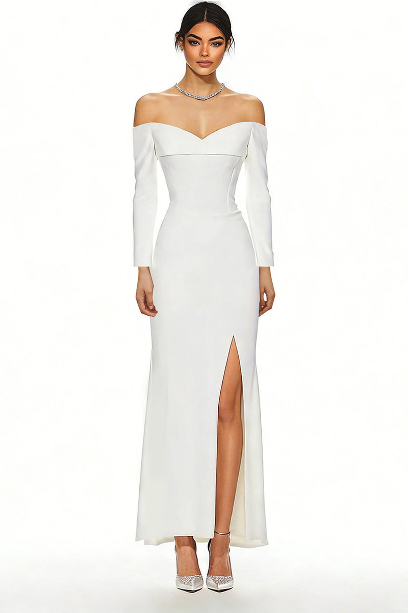Load image into Gallery viewer, Simple White Sheath Long Wedding Reception Dress with Slit