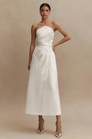 Load image into Gallery viewer, White Strapless Ruched A Line Midi Engagement Dress