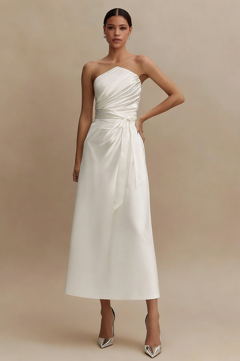 Load image into Gallery viewer, White Strapless Ruched A Line Midi Engagement Dress