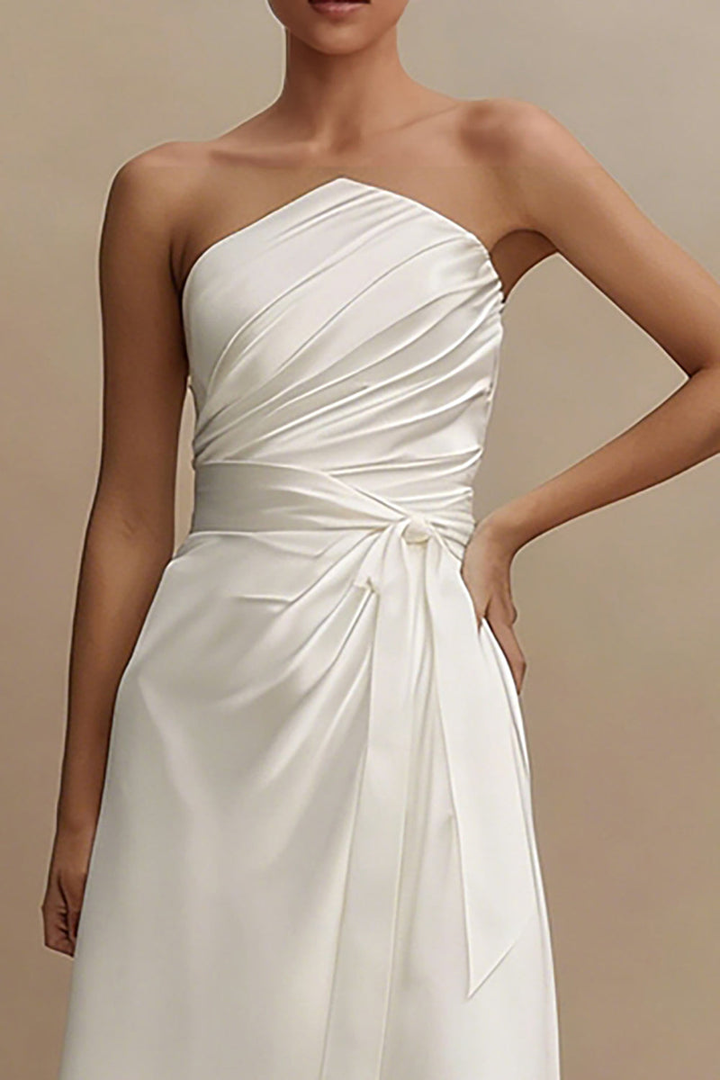 Load image into Gallery viewer, White Strapless Ruched A Line Midi Engagement Dress