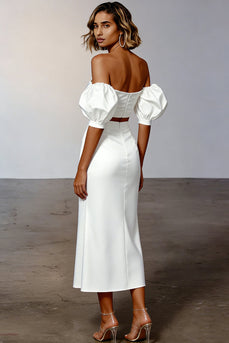 White 2 Piece Midi Sheath Engagement Dress with Sleeves