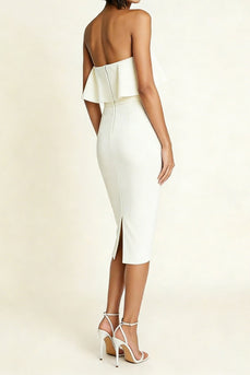 Simple White Strapless Sheath Midi Engagement Dress