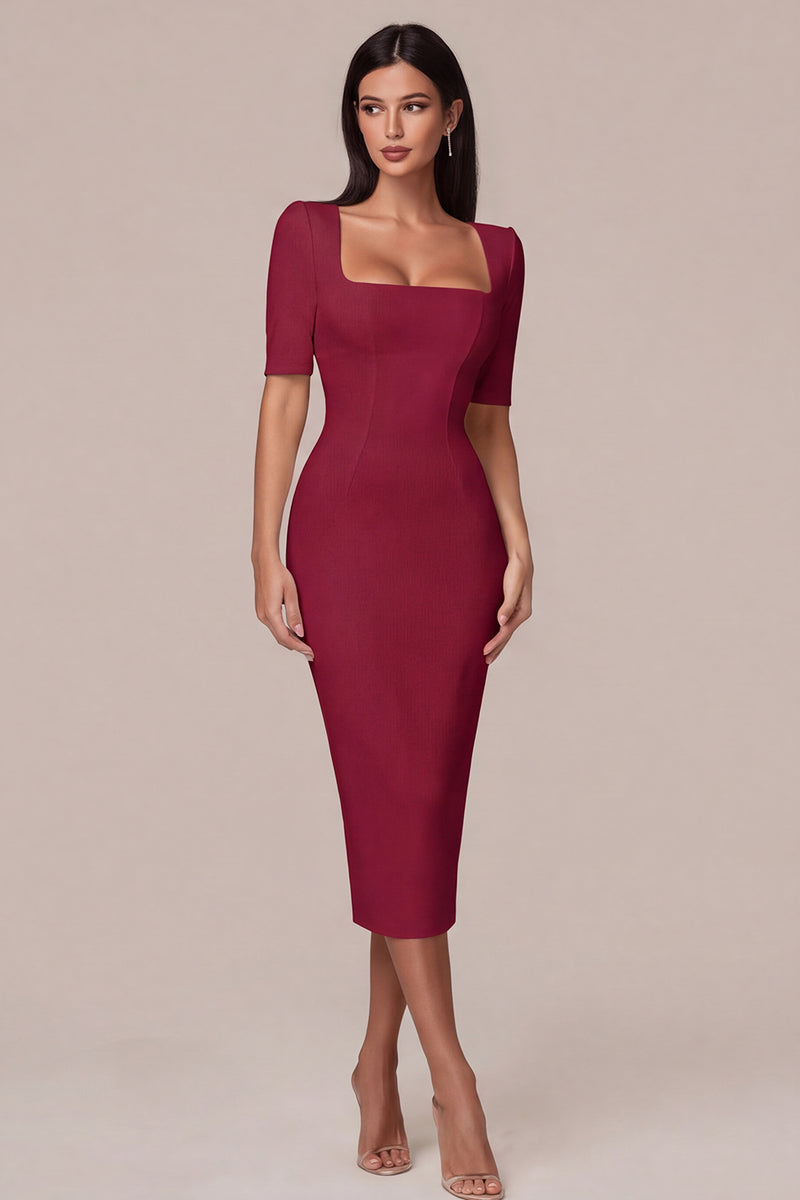 Load image into Gallery viewer, Simple White Bodycon Square Neck Midi Engagement Dress with Sleeves