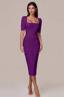 Load image into Gallery viewer, Simple White Bodycon Square Neck Midi Engagement Dress with Sleeves