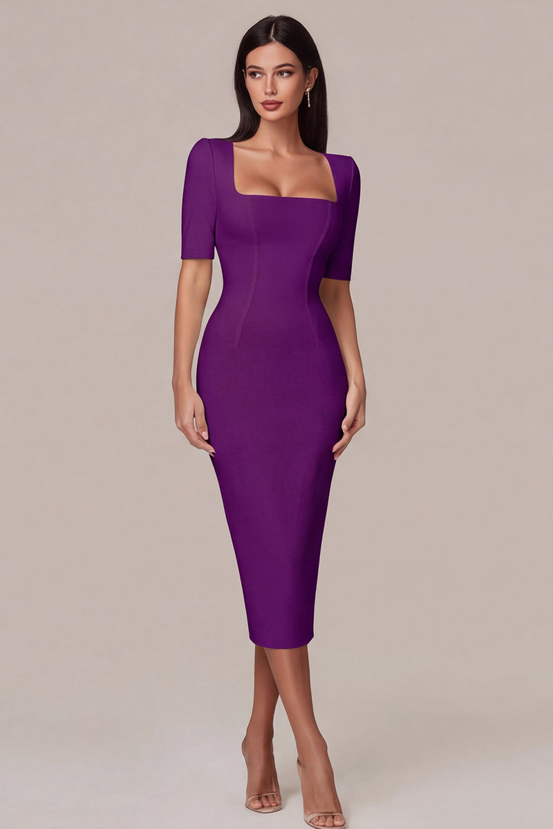 Load image into Gallery viewer, Simple White Bodycon Square Neck Midi Engagement Dress with Sleeves