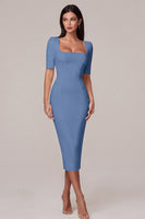 Load image into Gallery viewer, Simple White Bodycon Square Neck Midi Engagement Dress with Sleeves