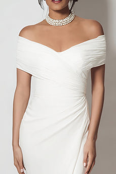 White Off the Shouder Sheath Long Engagement Dress with Slit