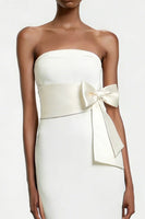 Load image into Gallery viewer, White Satin Sheath Strapless Midi Engagement Dress with Bow