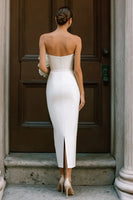Load image into Gallery viewer, White Strapless Midi Bodycon Engagement Dress with Bow