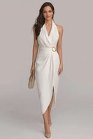 Load image into Gallery viewer, White Chiffon Bodycon Halter Neck Midi Engagement Dress with Slit
