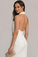 Load image into Gallery viewer, White Chiffon Bodycon Halter Neck Midi Engagement Dress with Slit