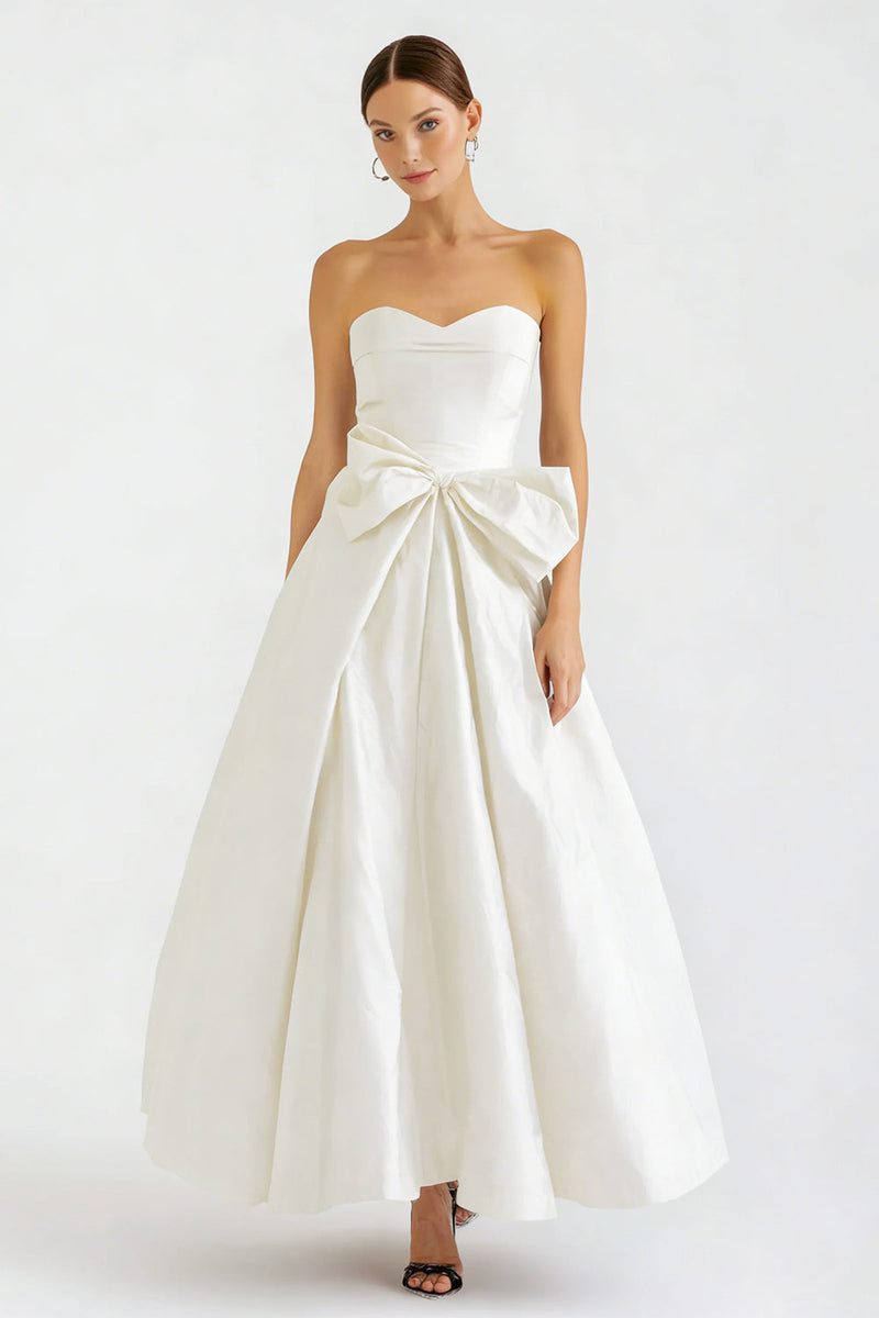 Load image into Gallery viewer, White Satin A Line Sweetheart Long Engagement Dress with Bow