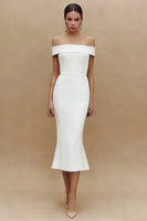Load image into Gallery viewer, White Off the Shoulder Mermaid Midi Engagement Dress