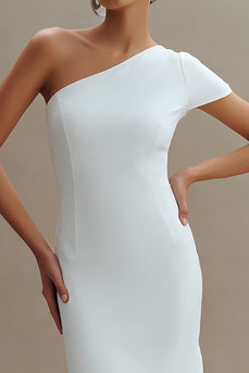 Simple White One Shoulder Midi Sheath Engagement Dress