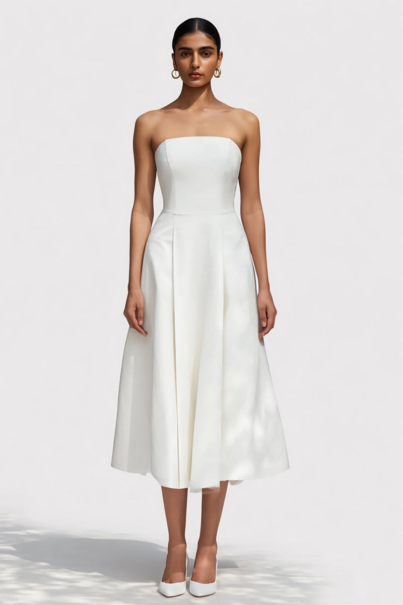 Load image into Gallery viewer, Simple White Strapless A Line Midi Engagement Dress