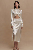 Load image into Gallery viewer, Simple Ivory Satin Collar Neck Sheath Midi Engagement Dress