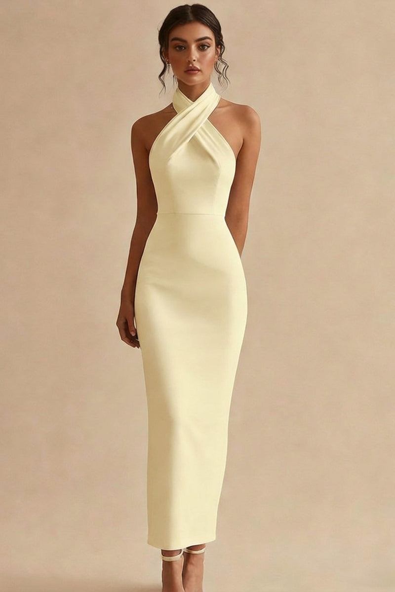 Load image into Gallery viewer, Simple Ivory Halter Neck Maxi Bodycon Engagement Dress