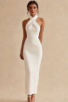 Load image into Gallery viewer, Simple Ivory Halter Neck Maxi Bodycon Engagement Dress