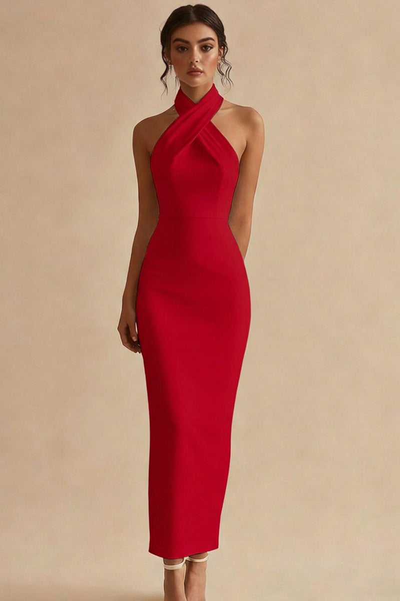 Load image into Gallery viewer, Simple Ivory Halter Neck Maxi Bodycon Engagement Dress