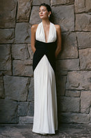 Load image into Gallery viewer, Black and White Chiffon Pleated Sheath Long Formal Dress