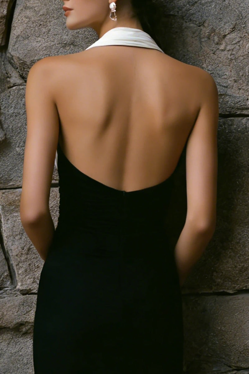 Load image into Gallery viewer, Black and White Chiffon Pleated Sheath Long Formal Dress