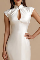 Load image into Gallery viewer, Ivory Satin Cap Sleeves Sheath Maxi Engagement Dress
